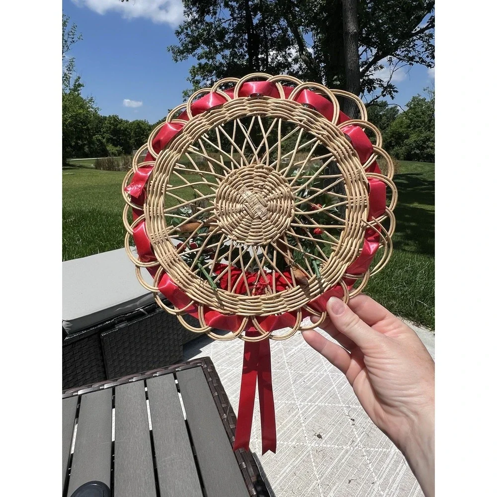 Vtg Christmas Decor Handmade Wood Wooden Wreath Flocked Reindeer Holly Ribbon‎